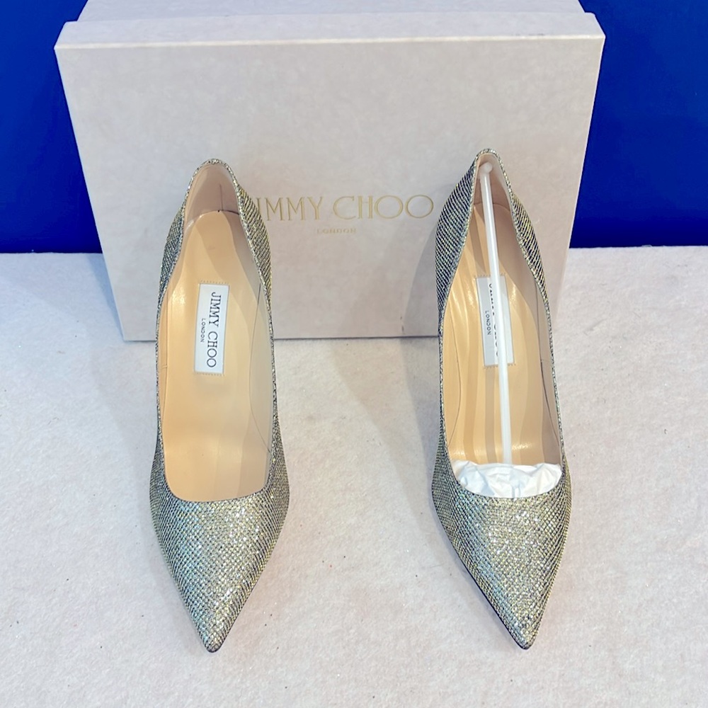 Brand New! Jimmy Choo Stilletos in Light Bronze Lame Glitter Size 40”
